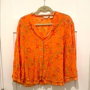 J. Jill Orange Ruffled Blouse with Notched Collar, Size XL